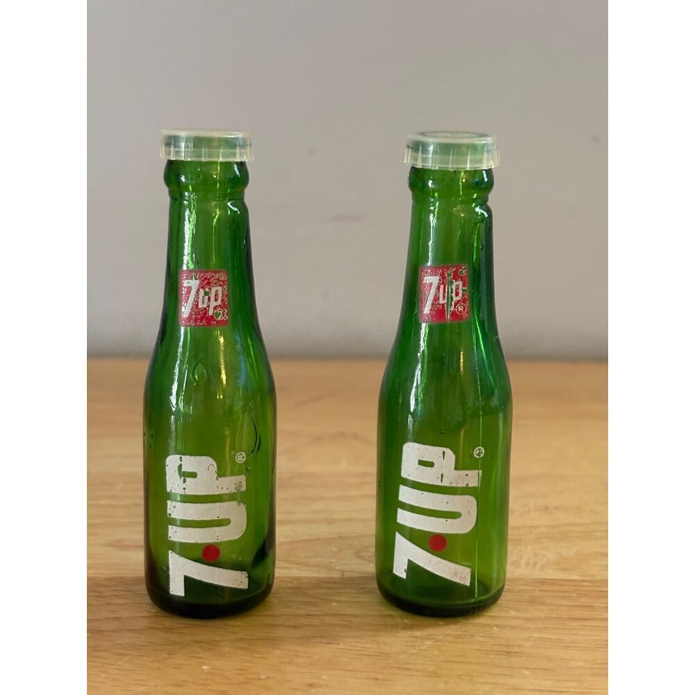 Set of 2 Vintage 7Up Miniature Salt & Pepper Shakers Glass Bottles Green 4"